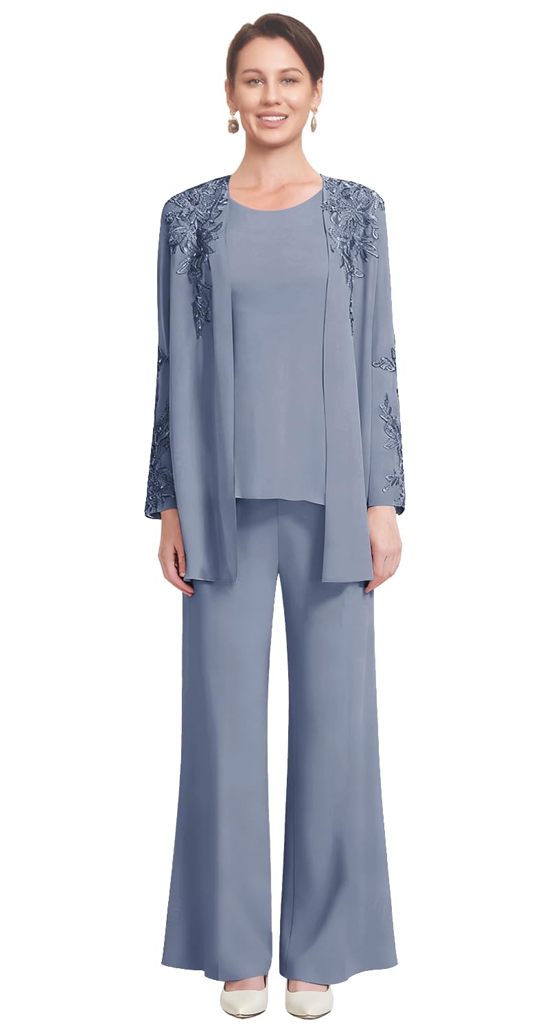 Chiffon Mother of Bride Pantsuits Dressy 3 Pieces Applique Grandmother of The Groom Outfits with Jackets