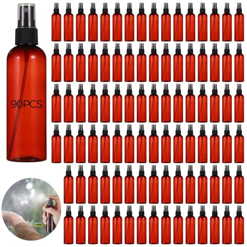 90 PCS Amber Plastic Spray Bottles 4 oz - 120ml Plastic Travel Sprayer Set Brown PET Bottles with Black Nozzles for Liquids, Perfumes, Cosmetics, and More