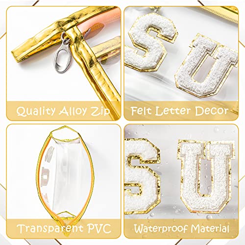 Y1Tvei Gold Sun Preppy Patch Varsity Letter Cosmetic Toiletry Bag Transparent Pvc Zipper Swimming Pool Makeup Bag Daily Use Clutch Purse Portable Waterproof Travel Organizer Bag For Women Girls Teens #TOP2