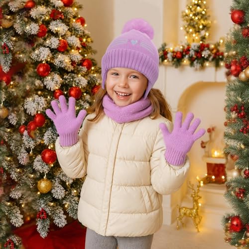 Girls Winter Hat and Gloves Set, Kids Cat Embroidered Knit Beanie with Earflaps Fleece Lined Pom Pom Ski Cap for 2-10Y4