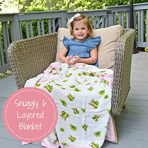 Image of LollyBanks Muslin Quilt Blanket, Large 47 x 47 Inches Versatile Crib Blanket for Baby Girls, 6 Layers Newborn Blanket, Soft Blend 70% Viscose Made from Bamboo + 30% Cotton, Registry (Cactus Print)