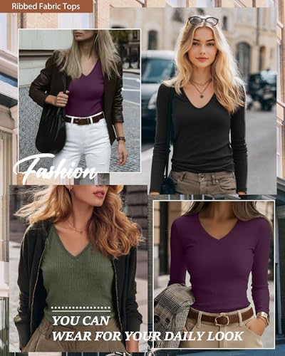 Ficerd 3 Pack Women's Long Sleeve T Shirts Cotton V Neck Slim Fit Tops Ribbed Knit Layering Casual Basic Tees 2025 Fall3