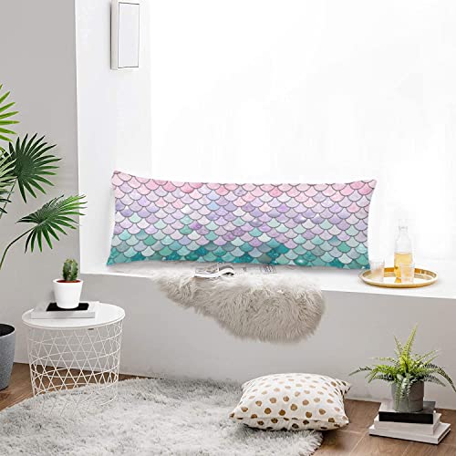 Dinjuna Teal Green Pink Body Pillow Cover Colorful Mermaid Fish Scales Cute Animal Tail Scale Print Long Case Protector With Zipper Farmhouse Large Cases Cushion For Bed,Sofa,Couch 20''X54'' #TOP3