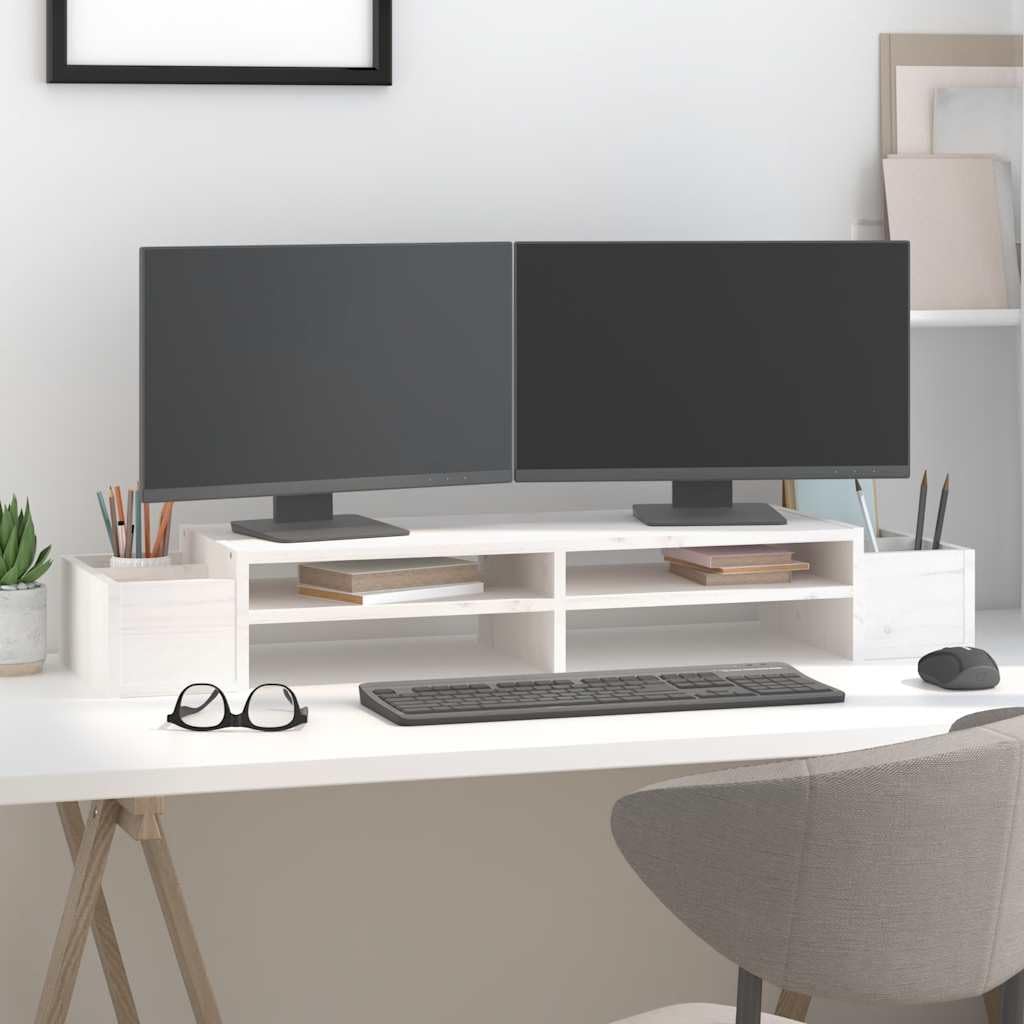 Supporto per monitor bianco in legno di pino massiccio, 100 x 27,5 x 15 cm, con 4 ripiani, supporto da tavolo per computer per monitor e notebook in casa