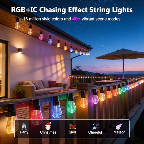 Image of Beizelte Outdoor String Lights, 290FT RGB+IC Outside Light Dimmable Shatterproof LED Bulbs, IP67 Waterproof Chasing Effect Lighting DreamColor Patio Strip Lights for Backyard, Balcony, Outdoor Living