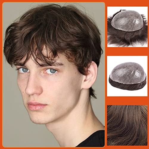 Zakya Hair System for Men Thin Skin Men's Toupee 100% Human Hair Men's Hairpieces 8x10 Inches Base Size Hair Replacement System for Men (Medium Dark Brown 4#)