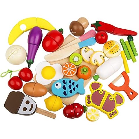 medoga Wooden Play Food 32 Pcs Cutting Food Fruits and Vegetables Toys Pretend Food Toy Food for Toddlers with Storage Box (32 pcs) Cover