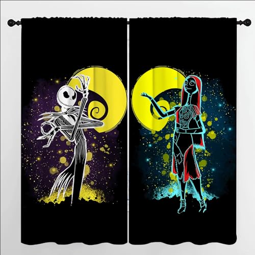 Image of AWJJPO Nightmare Christmas Window Curtains for Kids Bedroom Jack and Sally Halloween Rod Pocket Thermal Insulated Room Darkening Curtains 21"" W x 63"" L -2 Piece Set, Style_07