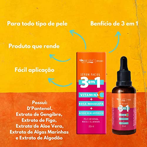 Kit 2 Unidades - Serum Facial 3 em 1 Vitamina + C Rosa Mosqueta + Ácido Hialurônico - Pele Hidratada