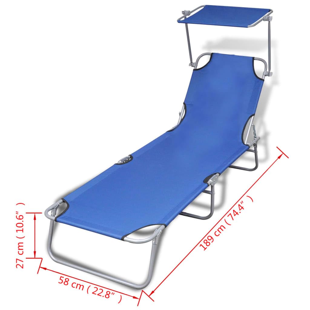 Klappbare Sonnenliege mit Dach 189x58cm Gartenliege Blau | Stabile Dreibeinliege für Balkon und Terrasse mit verstellbarem Sonnenschutz und Rückenlehne.