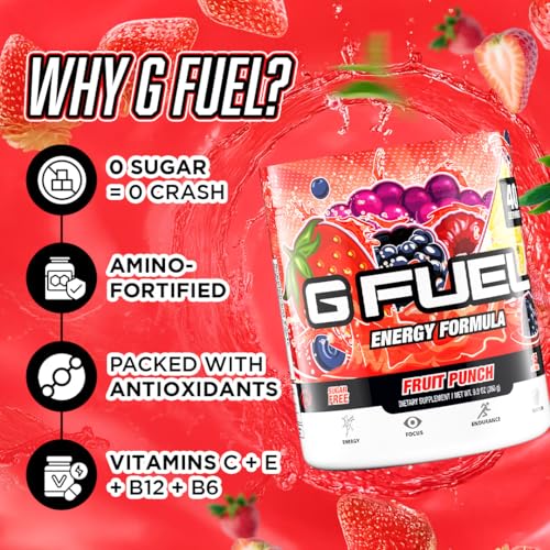 Image of G Fuel Fruit Punch Energy Drink Powder, Pre Workout Caffeine Mix for Gaming, Sugar Free Focus Amino, Vitamin + Antioxidants, 9.9oz (Fruit Punch, 40 Servings)