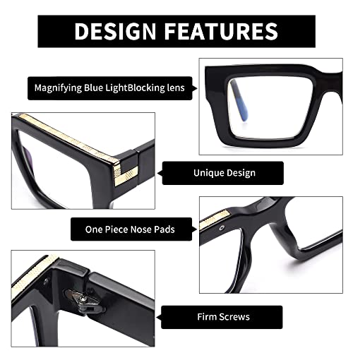 JM Oversized Reading Glasses for Women Men with Spring Hinge Fashion Square Blue Light Blocking Computer Readers 3 Pack 1.25 (Black + Brown + Grayish White) - Image 4