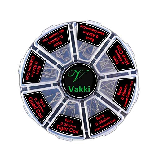 Vakki 48 Bobines Pré Assemblées Sélection de 8 Fil Résistance en Acier Kanthal pour RDA, RBA, RDTA, Bobine de Clapton Fusionné/Ruche/Tigre/Quadruple/Clapton etc