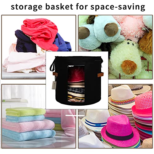 Aiviin Hat Boxes For Women & Men,19" D X 17" H Portable Felt Organizer Bucket Large Capacity Round Travel Case With Dust Proof Lid Detachable Straps Stuffed Animal Toys And Clothes Storage Bin (Black) #TOP6