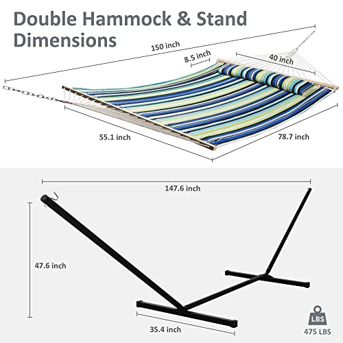 Image of SUNCREAT Hammock with Stand 2 Person Heavy Duty, Freestanding Hammock with Spreader Bar, Soft Pillow, Green Stripes