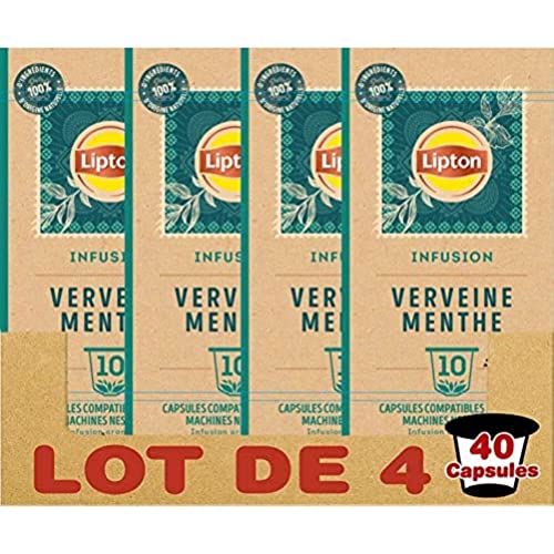 Lipton Infusion Verveine Menthe 40 Capsules Compatibles Nespresso, Anti-stress, Parfum Savoureux de Menthe, Label Rainforest Alliance (Lot de 4x10 capsules)