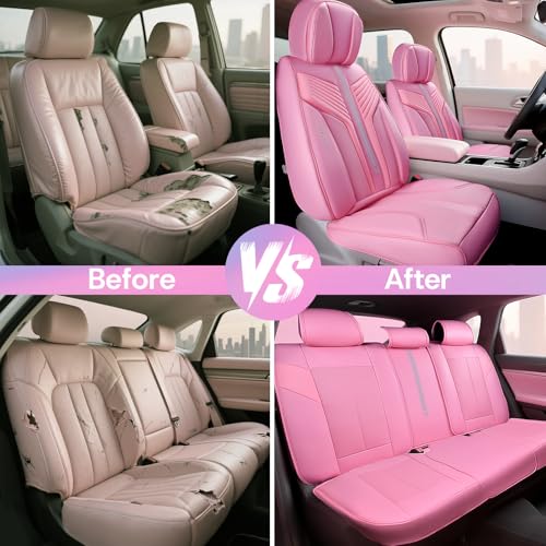 Image of CAR PASS Pink Nappa Leather Seat Covers, Cute Girly Car Seat Covers Full Set for Women, Luxury 3D Sponge Support Waterproof Car Seat Protector, Universal Fit SUV Pick-up Truck Sedan Automotive