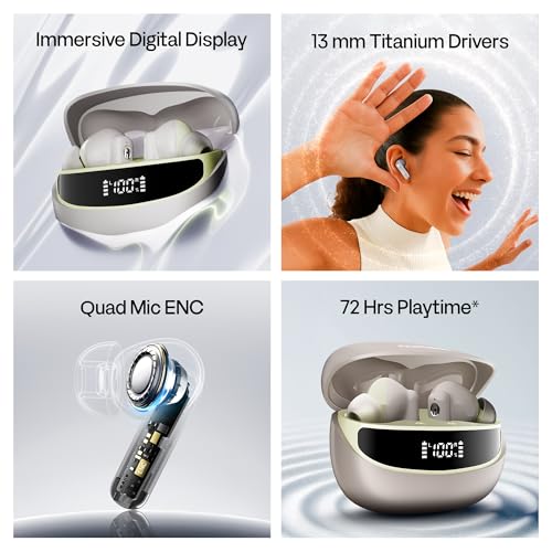 Image of Number Navo Buds Z1 TWS Earbuds | 72H Playtime | Digital Display Case | Quad-Mic ENC | Dual Pairing | Hi-Bass 13mm Drivers | Quick Charge | 35ms Low Latency | IPX5 | Touch Controls | (Spring Beige)