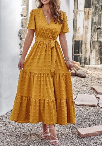Image of MASCOMODA Women Boho Swiss Dot Maxi Dresses Wrap V Neck Flutter Short Sleeve Solid Tie Waist A Line Tiered Flowy Long Dresses