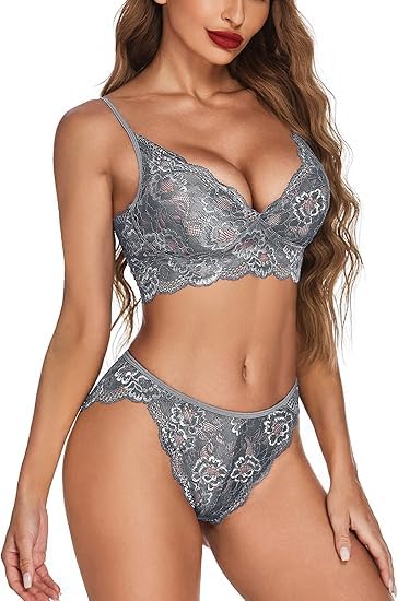 Image of LOURYN KOULYN Women's Lace Lingerie Bra and Panty Set Strappy Babydoll Bodysuit
