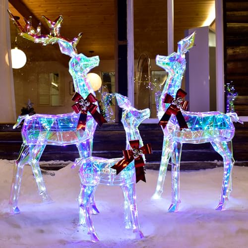Outdoor Christmas Decorations Deer Family - HOYECHI 3-Piece Lighted Prismatic Reindeer with 465 LED Lights - Outside Yard Decor Kit, Stakes, Zip Ties - Iridescent