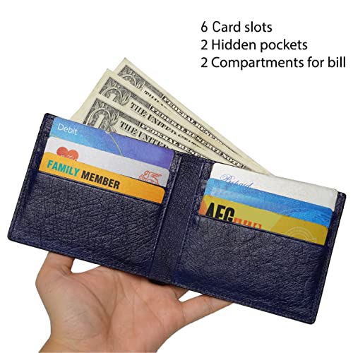 Image of HATA Black Blue Ostrich Leather Bifold Wallet for Men, Double-Sided Ostrich Billfold with RFID Blocking, Handmade Leather Wallet Gift for Birthday, Anniversary, Father's Day VINAMOS-14