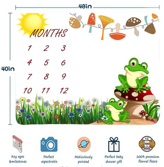 Image of Frog Mushroom Monthly Milestone Blanket, Nature Floral Unisex,48x40in | Lightweight cotton milestone mat,frog mushroom floral print, decorative butterfly frames for monthly growth record