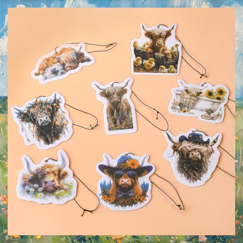 Image of Highland Cow Car Air Freshener (8Pack Fresh Ice Scent) Cute Animal Ornament Decor Accessories Gifts for Car Interior Hanging Rearview Pendant Home Office Supplies