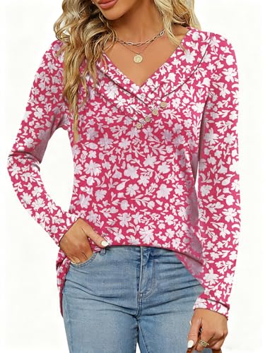 FMEYOA Women's Fall Long Sleeve Tunic Tops for Leggings Pleated V Neck Button Casual Blouse Graphic Printed Sweatshirt Red Flower — view 2