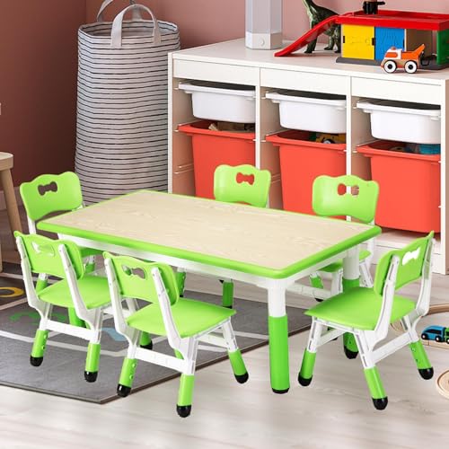 Image of Adjustable Kids Table & 6 Chairs Set - Easy-to-Clean Graffiti Desktop, Non-Slip Legs, Perfect for Arts & Crafts, Playroom, Study Area, Daycare, or Home Use - Lake Blue