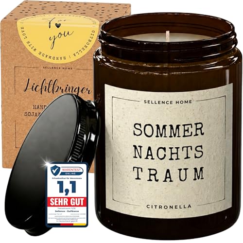 LICHTBRINGER Citronella Kerze im Glas mit Spruch Sommernachtstraum | Duftkerze für Balkon Terrasse Garten | 70 Std Brenndauer | Geschenkfertig in Box | Sommerdeko Outdoor