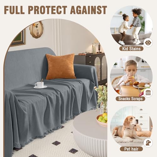 TAOCOCO Couch Covers for Pets Heavy Duty Couch Covers for 3 Cushion Couch Sectional Sofa Covers Durable Furniture Covers for Dogs, Kids, Washable Sofa Slipcovers with Tassels (91''x134'' Dark Grey) — view 5