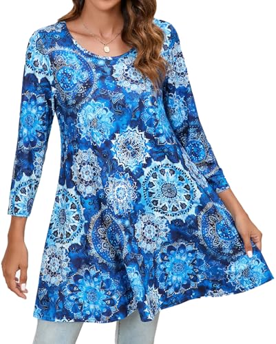 Enmain Maglia Tunica Donna Manica Lunga Maglietta a Maniche Lunghe 3/4 Taglie Forti Blusa Scollo Tondo Floreale Stampata Camicia Blu Reale 2XL