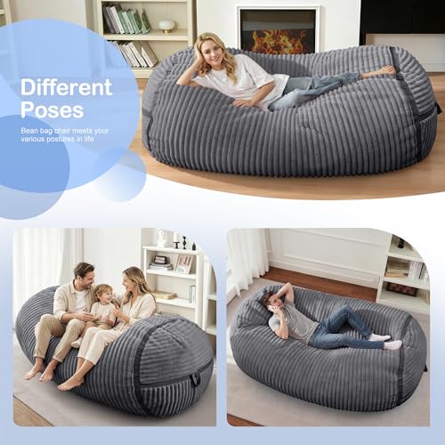 Image of 6FT Bean Bag Chair 6'Giant Bean Bag Chairs with Adults, Large Beanbag Chair | Bean bag Lounger with Machine Washable Cover Corded Plush Fabric, Comfy Chairs for Living Room Bedroom Dorm, Darkgrey