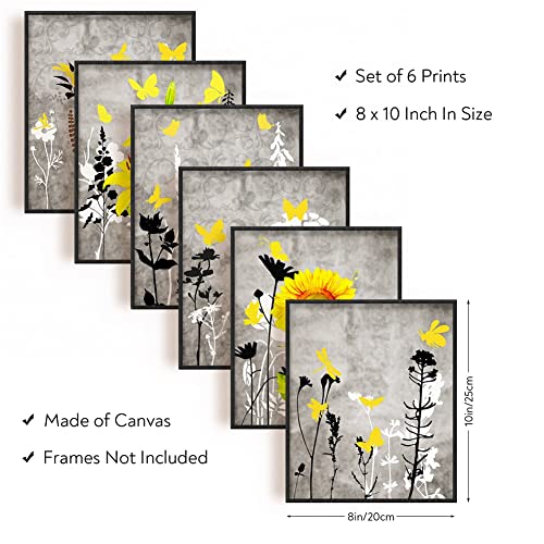 SUPERDANT Flowers Canvas Wall Art Abstract Wall Pictures Yellow Butterfly Poster Painting Black and White Canvas Pictures for Bedroom Living Room Decor 6Pcs No Frame - Image 2