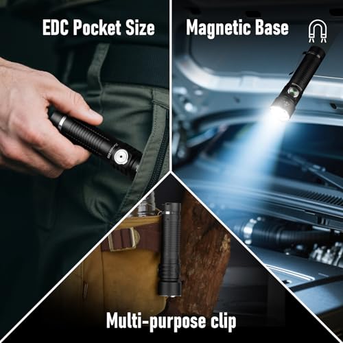 Lampe torche tactique 7 modes d'éclairage avec base magnétique puissante