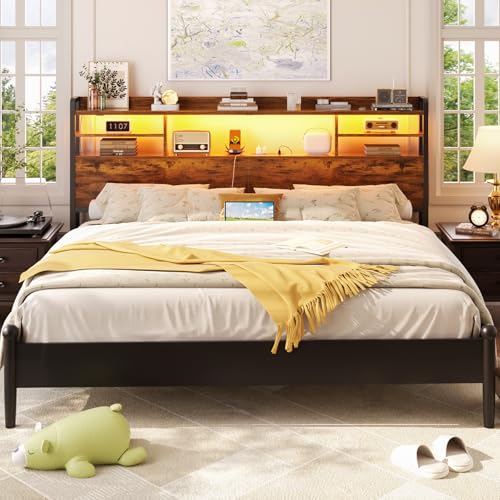 Image of Aheaplus Headboard for Queen Size Bedwith Storage and Outlets, Rustic Brown | Headboards with LED Light, Power Outlets, USB Ports Queen Size Head Board, Wood headboard Only Sturdy and Stable Headboards