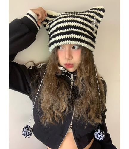 TYHOTULY Women Y2k Gothic Knitted Winter Hats Grunge Emo Alt Crochet Beanies Striped Color Block Cat Ear Hat Y2k Accessories (Black,One Size) — view 3