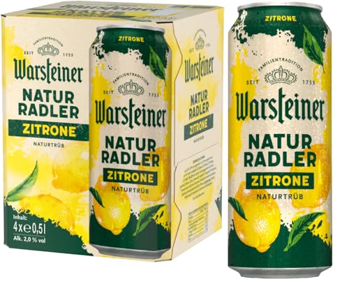 Warsteiner Naturradler Zitrone mit 2% Alkohol und 100% natürlich naturtrübes Radler Dosenbier EINWEG (4 x 0.5 L Dose) im praktischen 4er-Pack