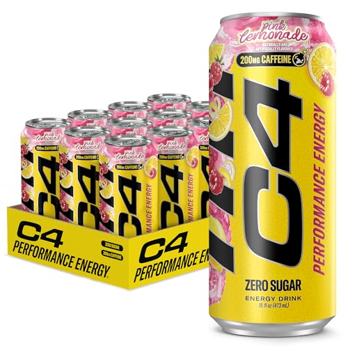 C4 Performance Energy Drink, Pink Lemonade – Zero Sugar Carbonated Pre-Workout Energy, 200mg Caffeine with Beta Alanine, 16 Fl Oz Cans (12 Pack)