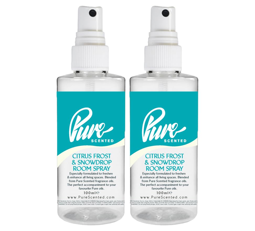 "Pure Scented 200ml Room & Fabric Sprays 2 x 100ml Suitable For Home, Car, Caravan, Work, Gym Bags, Odour Eliminators (2 x 100ml, Citrus Frost & Snowdrop)"