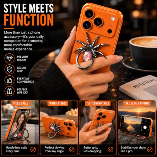Image of Mizi Spider Phone Ring Holder Stand, 360 Rotating & 180 Flip Finger Grip Kickstand with 3M Adhesive, Zinc Alloy Rhinestone Phone Ring Holder for iPhone, Samsung & All Smartphones - Pink