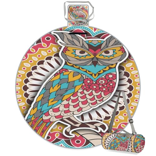Shimoshe Indian Owl Picnic Outdoor Blanket Foldable Waterproof Sandproof Beach Blanket Portable Water-Resistant Round Picnic Mat for Travel Camping Park Lawn