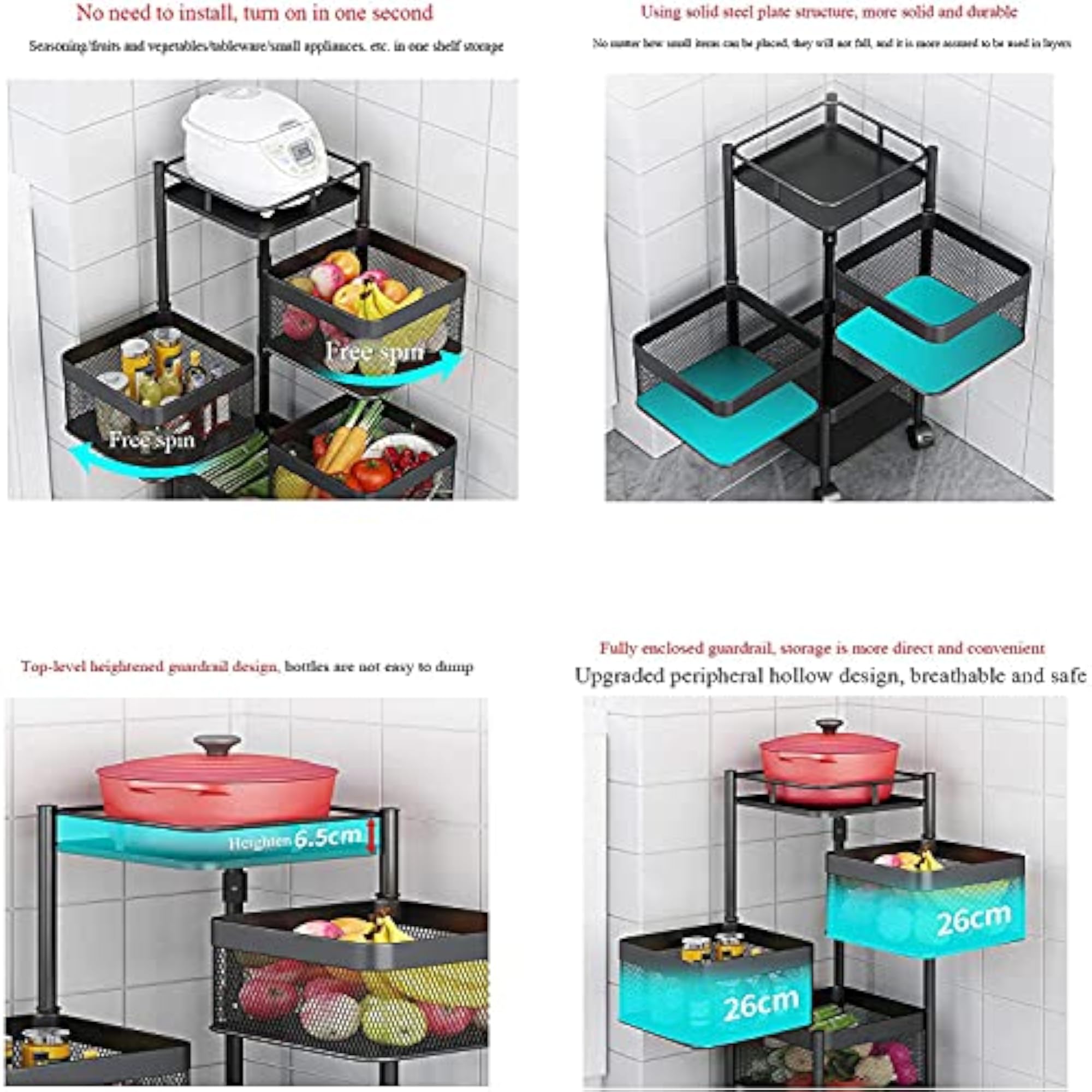 Iron 1 Pc 3 Layer Kitchen Rotating Trolley