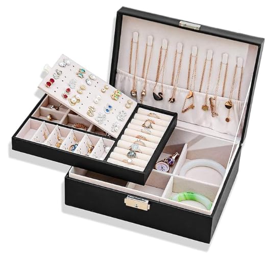 THERES PU Leather 2 Layer Jewelry Boxes for Women with 74 Stud Hole and Lock (Black)