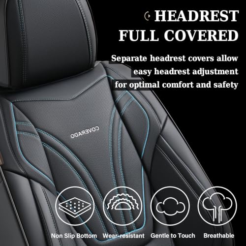Image of Coverado Car Seat Covers Full Set, 5 Piece Car Seat Protector with Lumbar Support & Removable Headrest, Breathable Leather Front Rear Seat Cushion Universal Fit for Truck Automotive Black & Blue