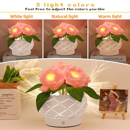 Image of Roses Flower Touch Lamp,Rechargeable Cordless 3-Colour Dimming Small Night Light for Festival,Dining Room,Bedroom Home Decor Birthday Gifts-6 Rose