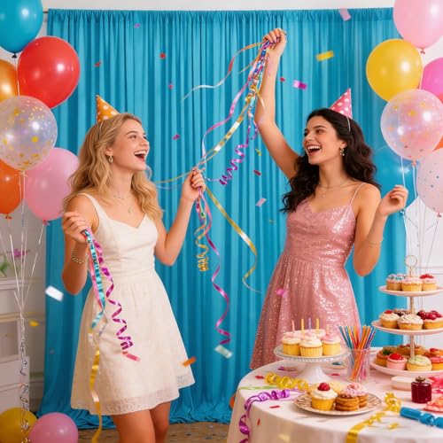 Image of 10ft x 10ft Lake Blue Backdrop Curtains for Parties, Polyester Fabric Backdrop Drapes with Rod Pockets for Weddings, Birthday, Halloween, Photography, Christmas Party Background Curtain, 2 Panels