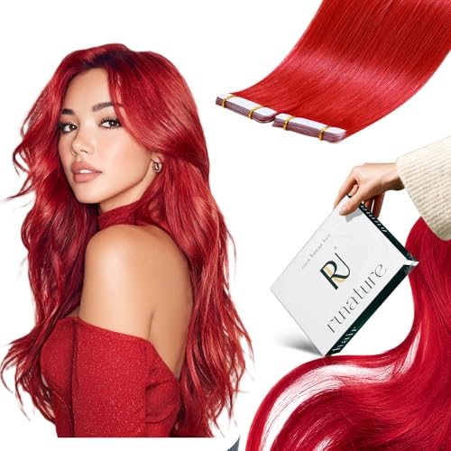 RUNATURE Extension Cheveux Naturel Adhesif Rouge 35cm 10 Pièces 20g Extension Cheveux Humain #Red