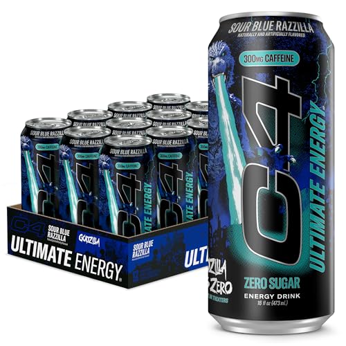 Image of C4 Ultimate Energy Drink, 300mg Caffeine, Zero Sugar, High-Performance Energy for Pre-Workout, Endurance, and Focus, Sour Blue Razzilla, 16oz (Pack of 12)